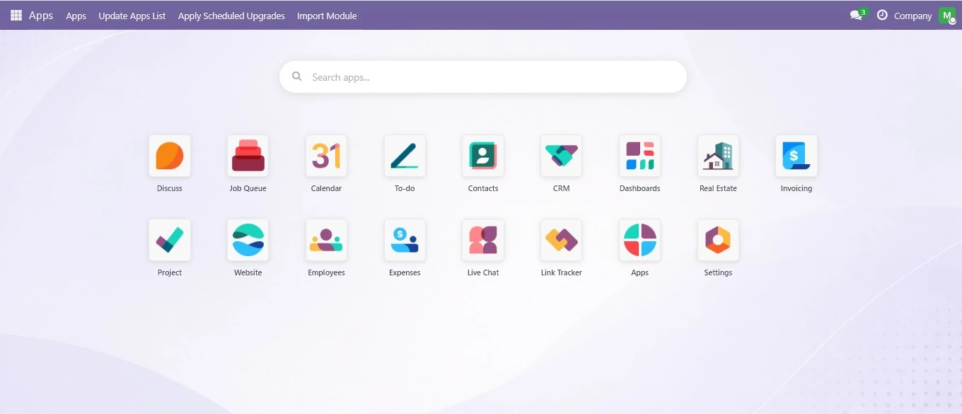 Desktop app switcher showing the full Odoo Community app grid