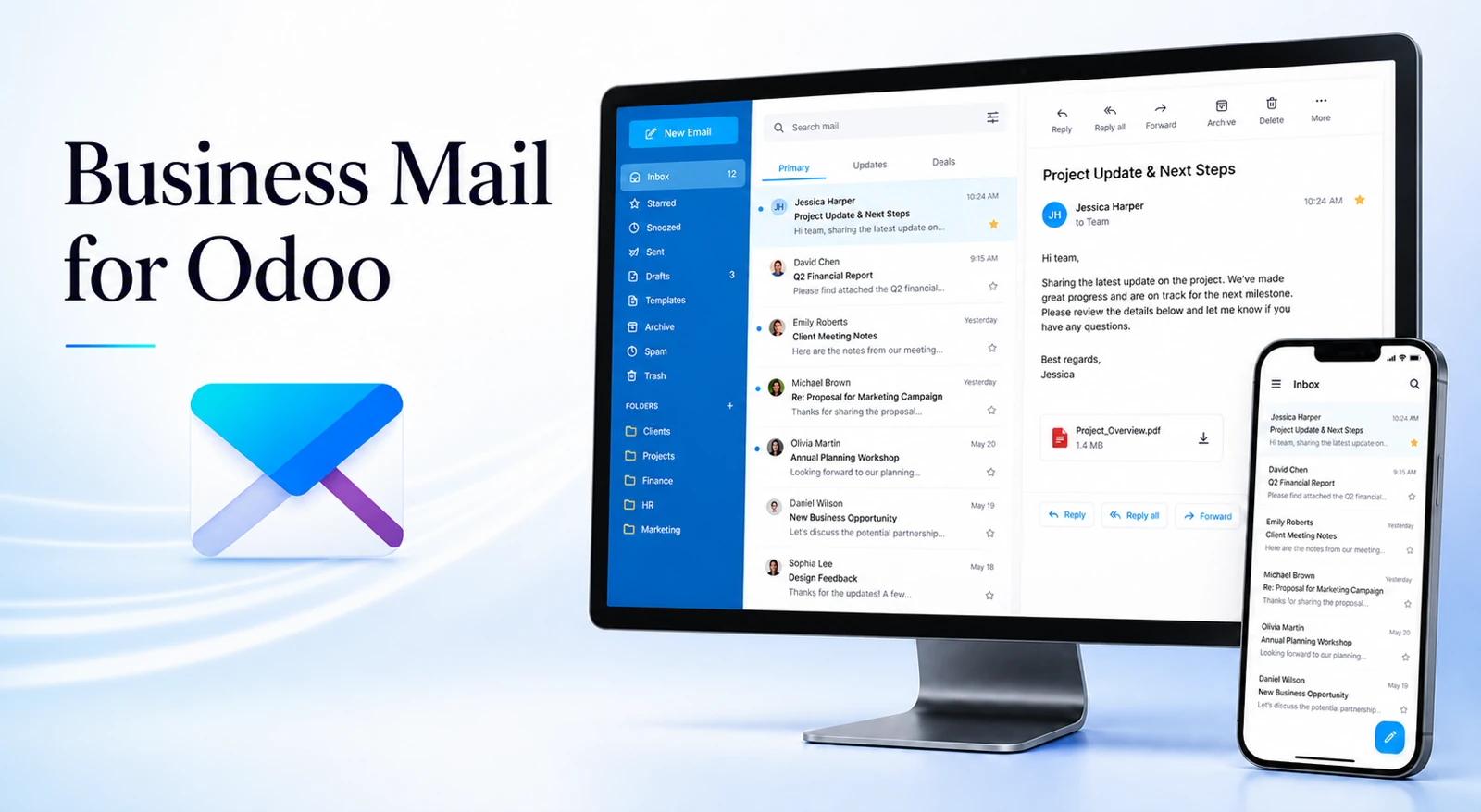 Business Mail for Odoo on desktop and mobile
